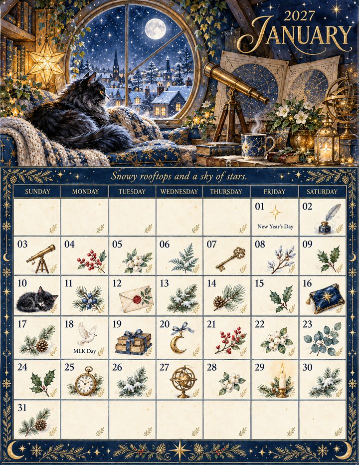 Black Cat & Celestial Midnight · January page made with MonthScapes