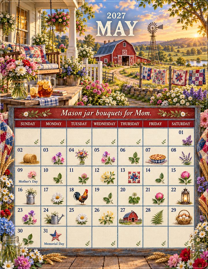 Americana Farmhouse May 2027 page with Mother's Day and Memorial Day